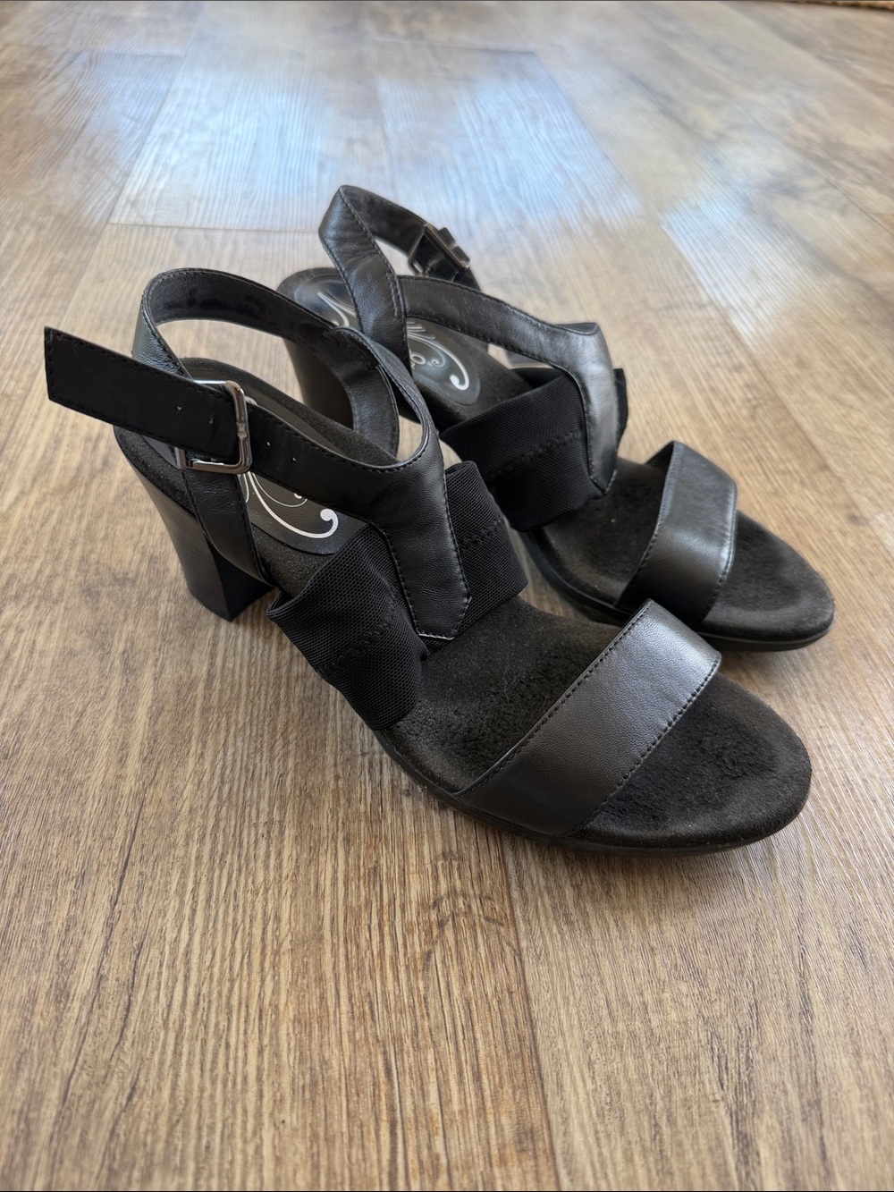Abeo Black Leather & Elastic Strappy Block Heel Sandals